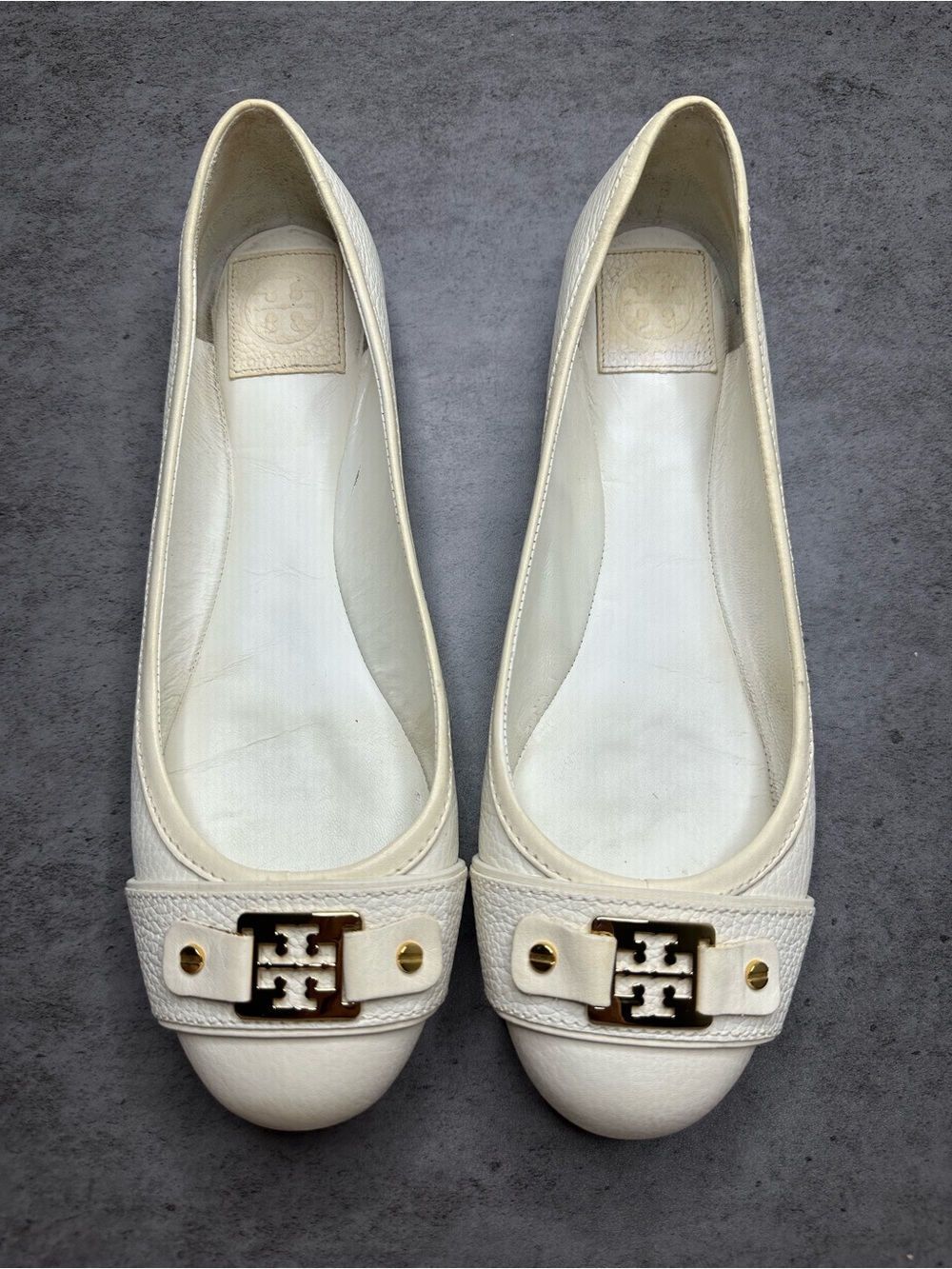 Tory Burch Double T Buckle Leather Flats White Gold